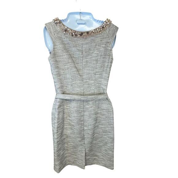 ETCETERA Beige Gold Sleeveless Tweed Sheath Dress Beaded Collar Belted Women's 2 - Picture 6 of 9